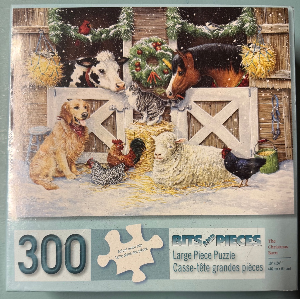 A cozy winter barn scene featuring a cow, horse, sheep, dog, cat, and chickens decorated for Christmas.