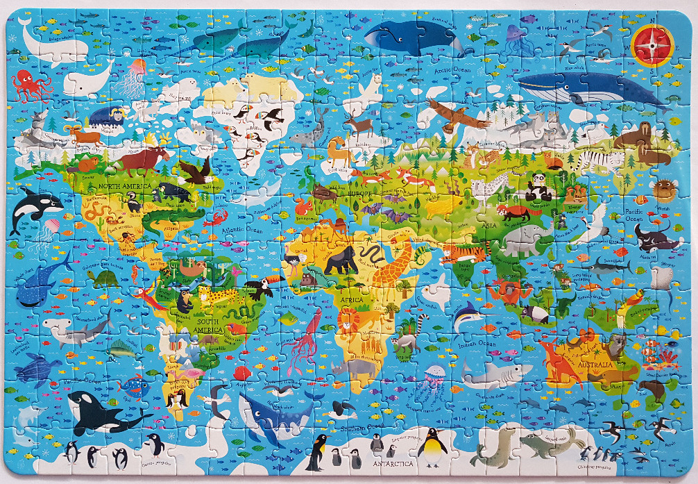 Colorful illustrated children's world map featuring various animals in their native habitats and oceans.