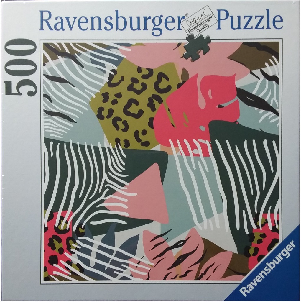An abstract pattern of animal prints, tropical leaves, and geometric shapes in pink, olive green, and dark grey.