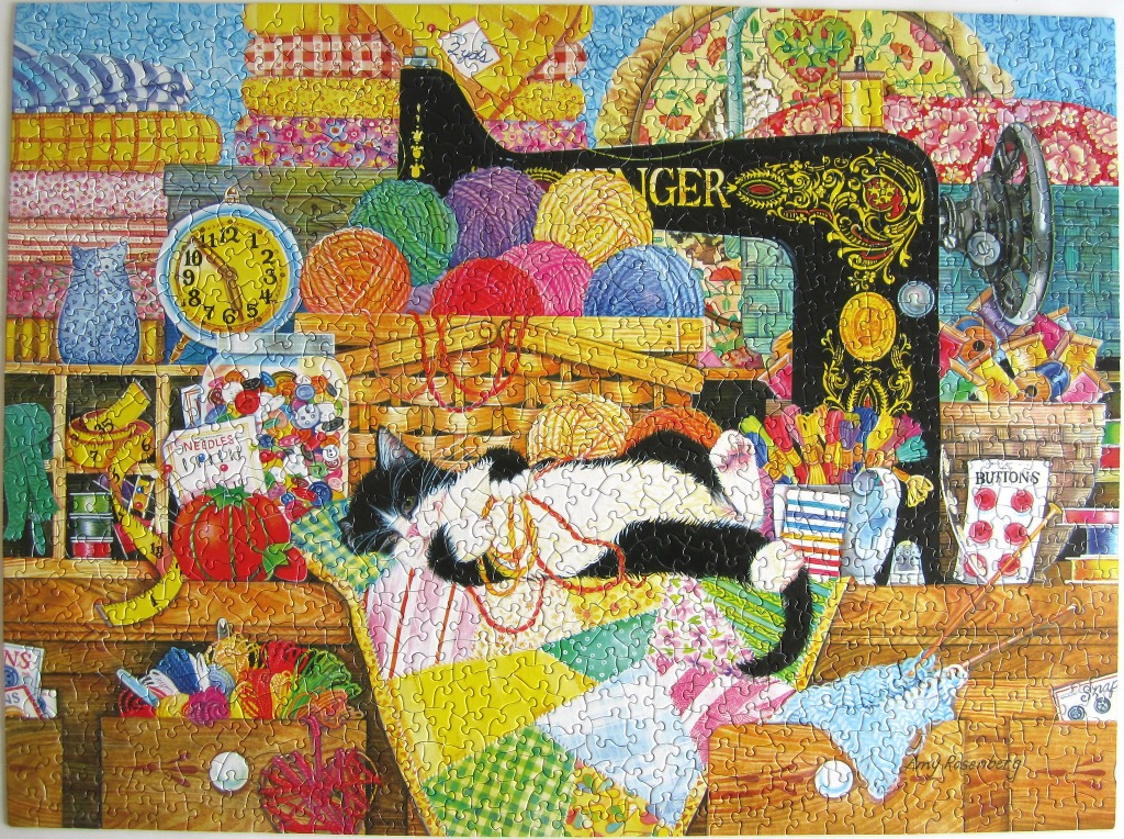 A whimsical illustration of a cat sleeping on a sewing table surrounded by yarn, buttons, and a vintage sewing machine.