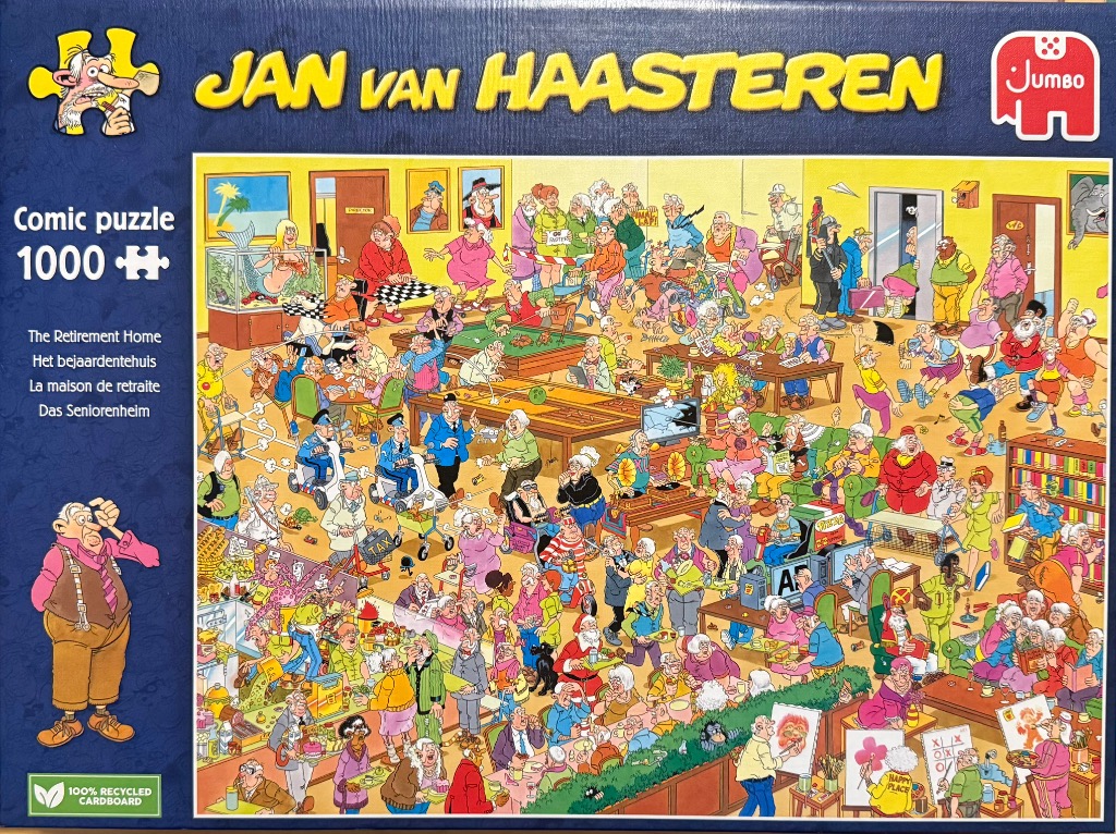 A busy cartoon illustration of a chaotic retirement home featuring many elderly characters.