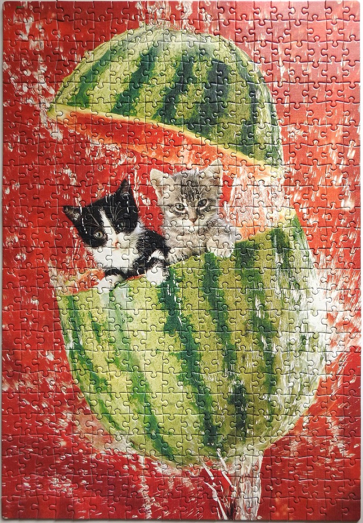 Two kittens peeking out from inside a hollowed-out watermelon against a vibrant red background.