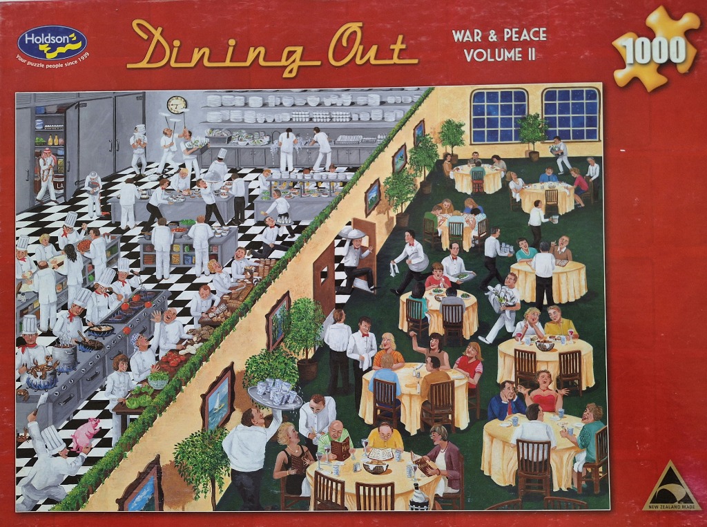 Illustration of a busy restaurant kitchen and dining room split by a diagonal wall.