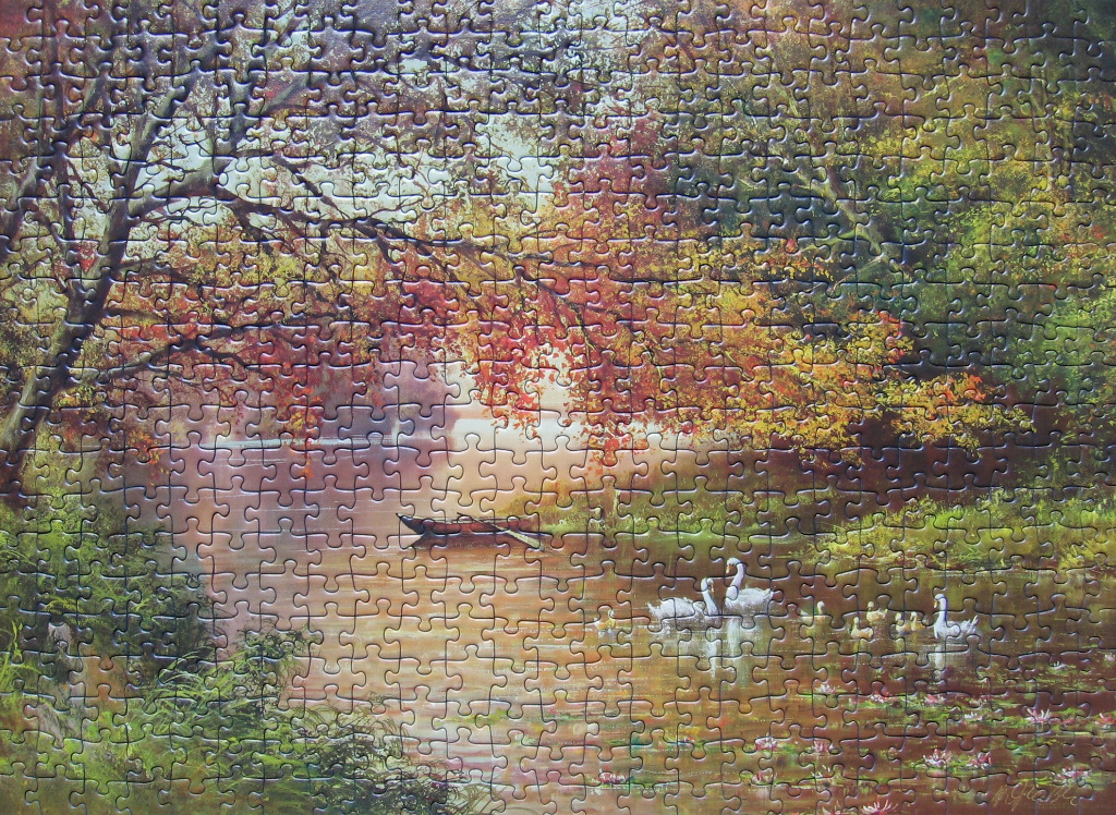 Painting of a serene pond in autumn with swans and a small rowboat under a canopy of colorful trees.