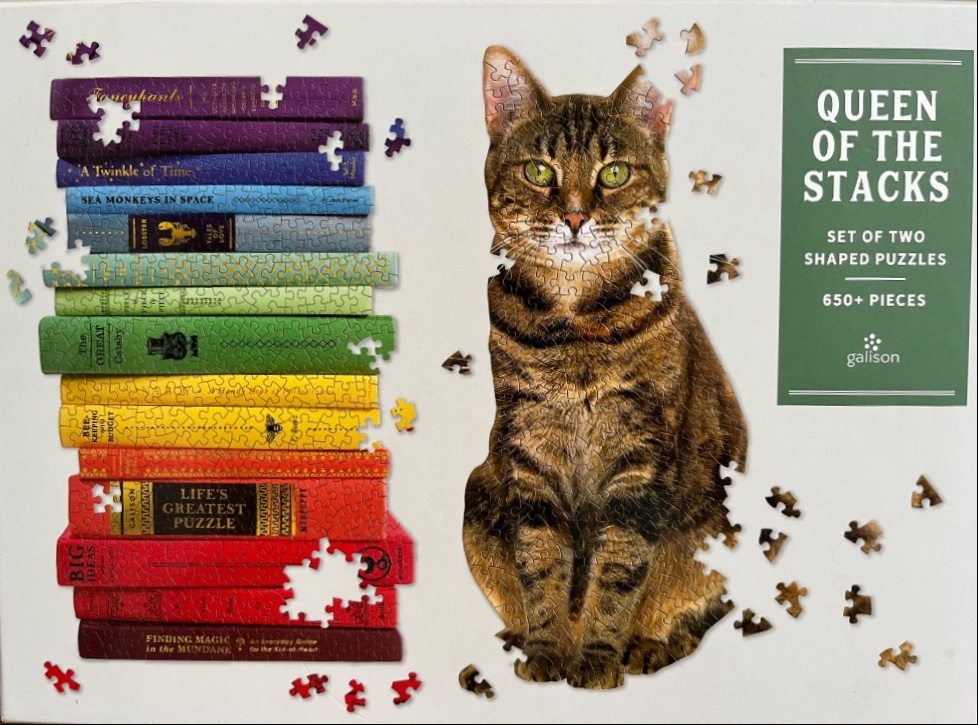 A stack of colorful books beside a tabby cat portrait on a white background.