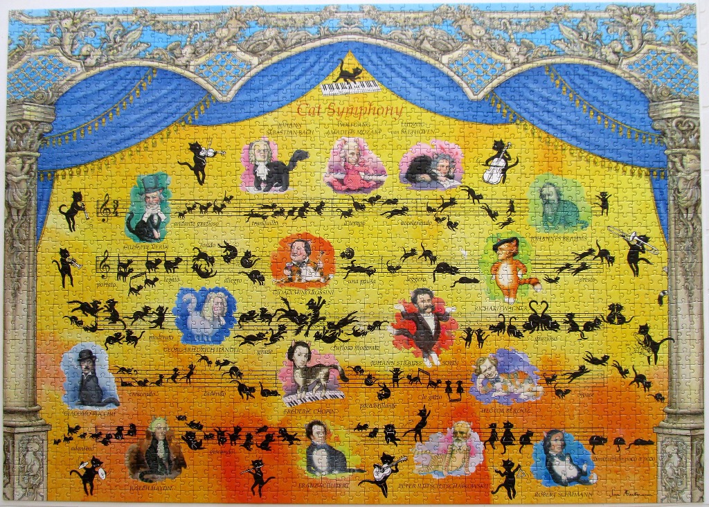 Whimsical illustration of famous classical composers depicted as cats on a stage with musical notes and cat silhouettes.