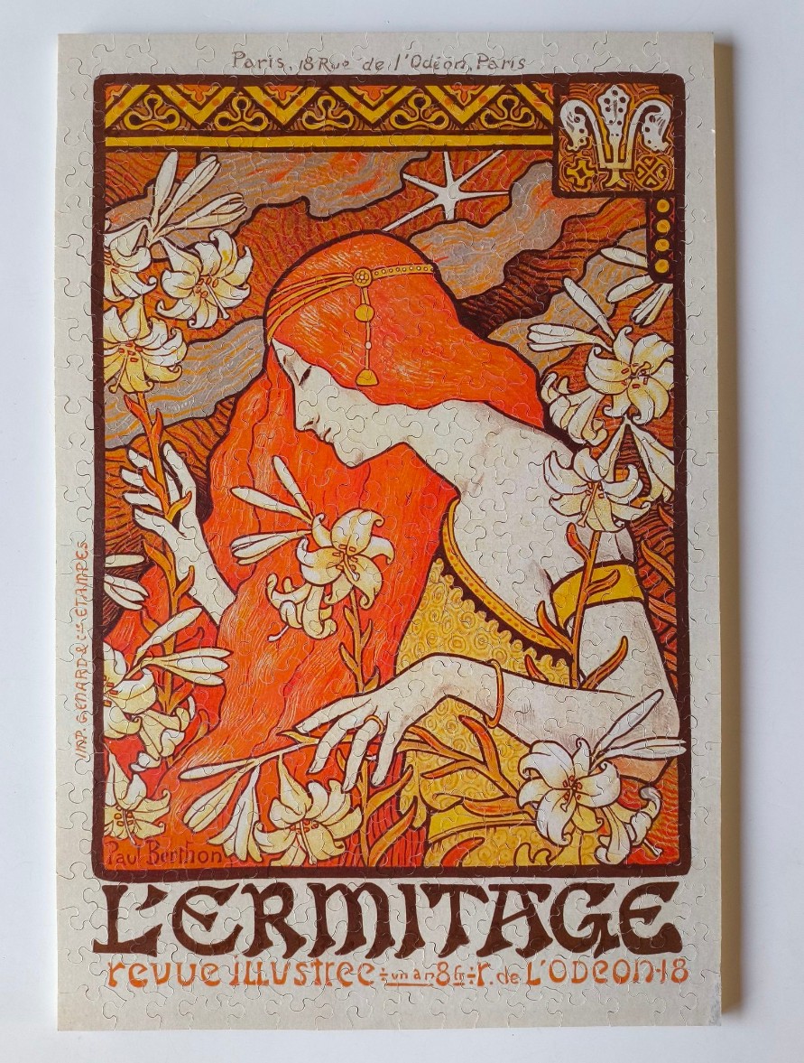 Art Nouveau illustration by Paul Berthon featuring a red-haired woman surrounded by white lilies.