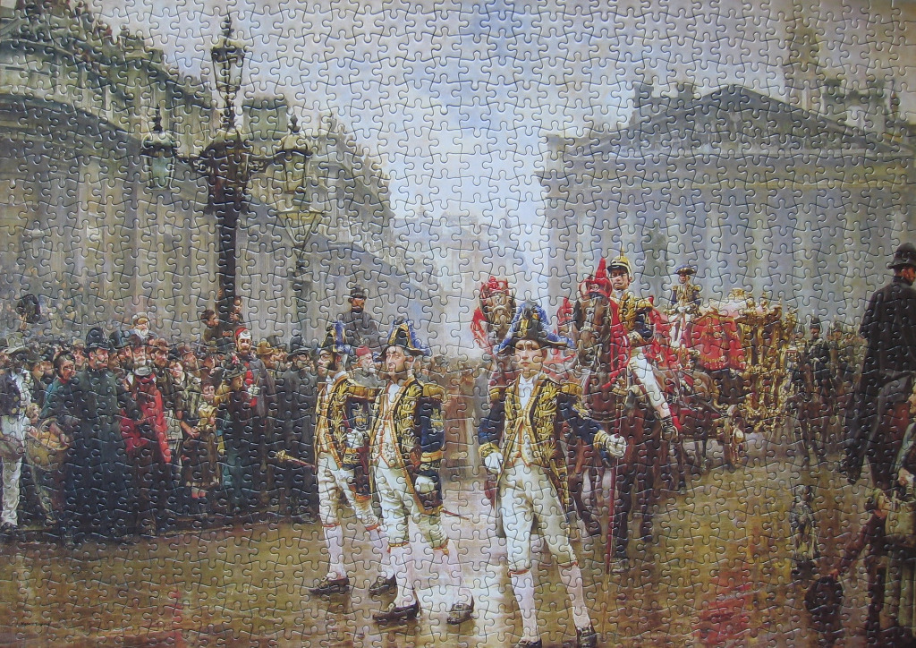 An oil painting of a 19th-century royal procession in a city street, with guards and a carriage surrounded by crowds.