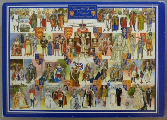 Collage of illustrations depicting historical Kings and Queens of England arranged in rows with royal crests.