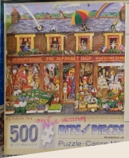 Illustration of The Alphabet Shop with whimsical store windows and a busy rooftop.