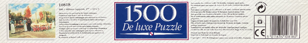 Painting of people in a park with trees and a monument, 1500 deluxe puzzle.