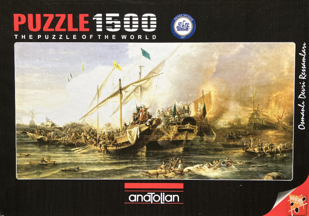 An oil painting of a naval battle featuring Ottoman galleys in a chaotic, smoky sea scene.