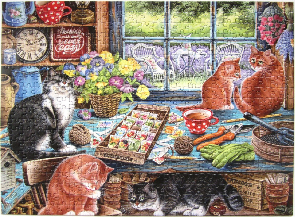 Illustration of cats in a rustic garden potting shed with seed packets and flowers.