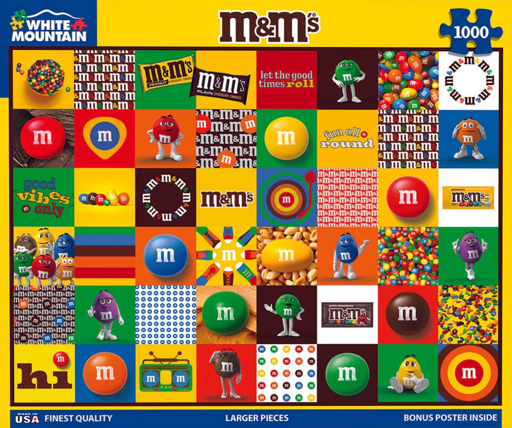 A grid-based collage featuring M&M's candies, mascots, and patterns in vibrant primary colors.