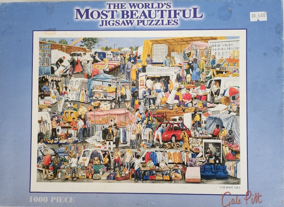 An illustration of a bustling, crowded car boot sale filled with people, vehicles, and various goods for sale.