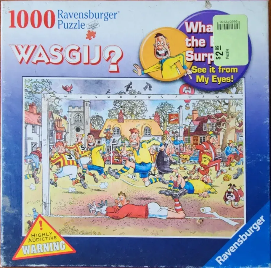 A comedic cartoon illustration of a chaotic football match taking place in a quaint English village square.