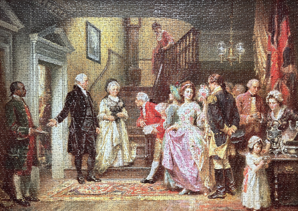 A painting of George Washington greeting guests in a grand colonial hall