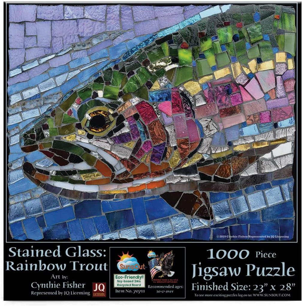 A stained glass mosaic artwork of a rainbow trout head set against a background of blue water tiles.