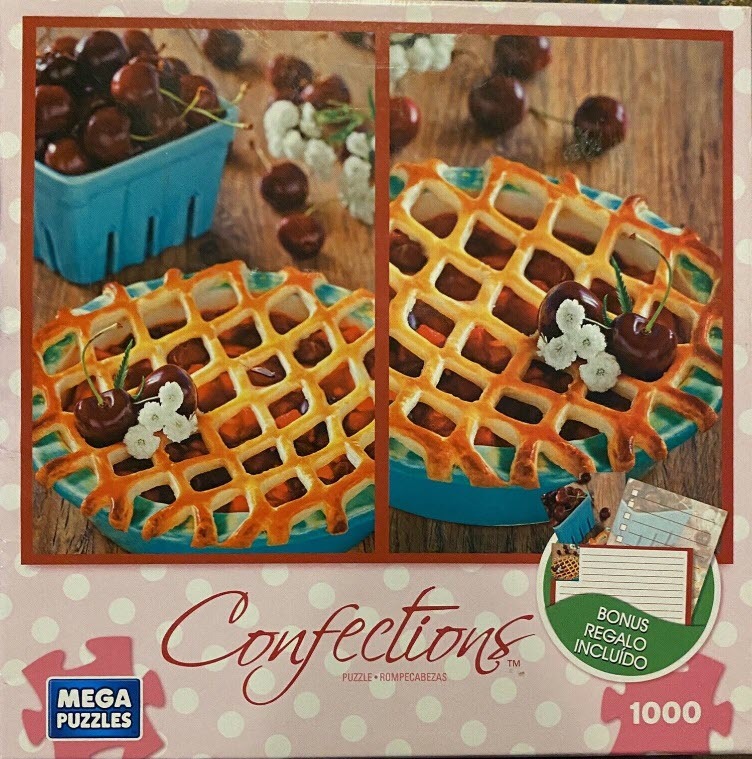 Split image of cherry pies with lattice crusts in blue dishes with fresh cherries and flowers on a wooden table.
