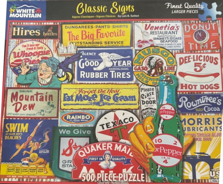 A collage of vintage American advertising signs featuring various products, brand logos, and retro illustrations.