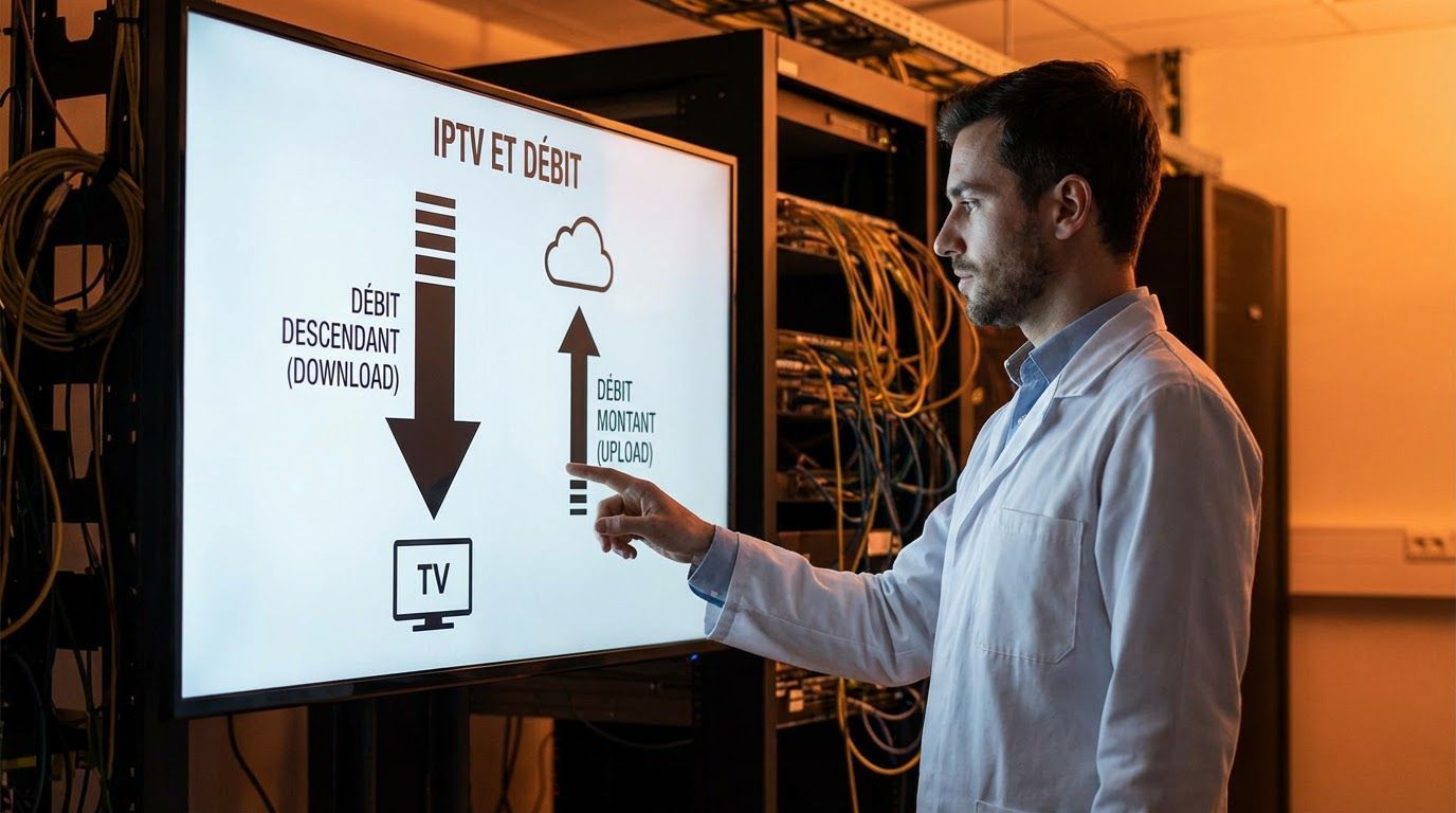 Schéma technique comparant le flux de données montant et descendant dans une infrastructure IPTV