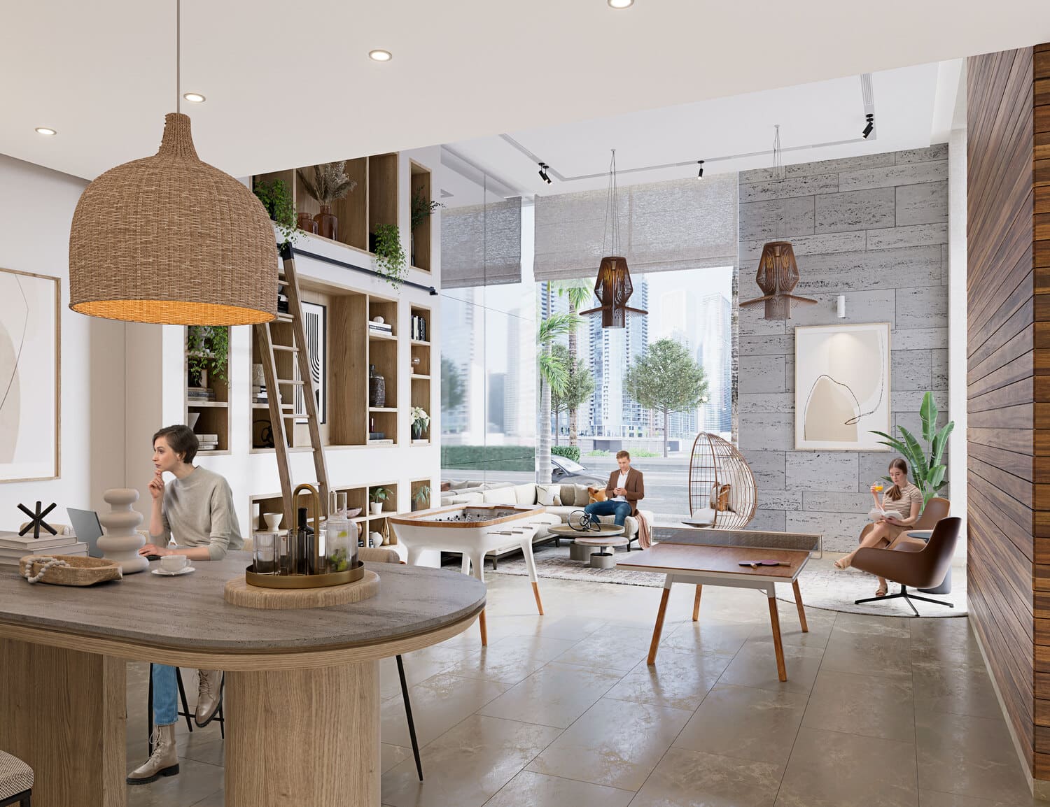 Lobby & Lounge With Full-Height Open Library