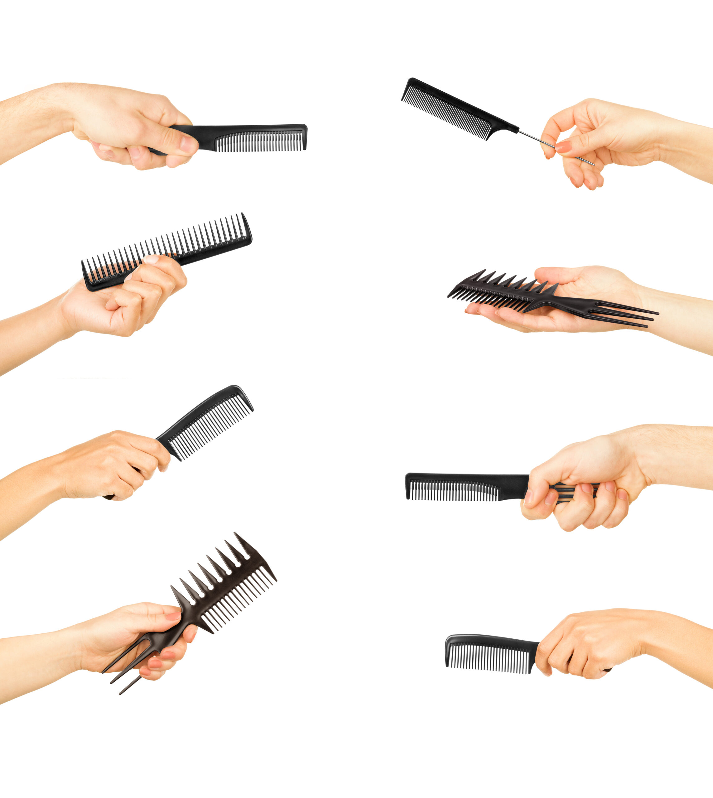 Image showing multiple hands holding different kinds of hair comb.