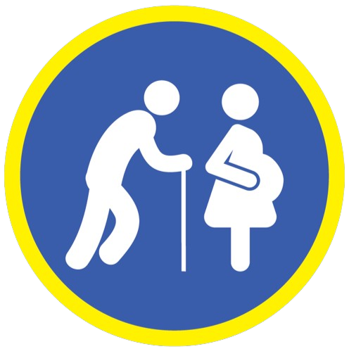 Panneau jaune sur fond bleu montrant une femme enceinte ainsi qu'une personne âgée marchant avec une canne