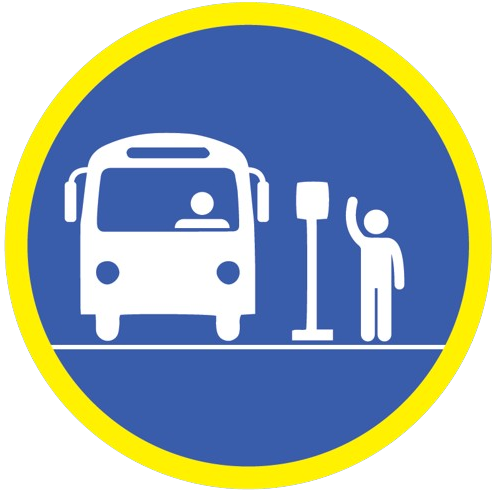 Panneau jaune sur fond bleu montrant un piétons faisant signe au bus afin d'y demander l'arrêt