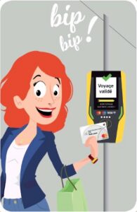 Illustration d'une femme rousse souriante validant sa carte de transport sans contact sur un valideur jaune, avec l'écran affichant "Voyage validé".