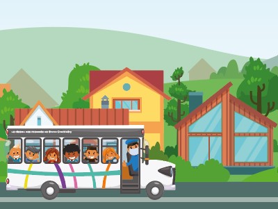 Illustration d'un car de transport scolaire avec des enfants à l'intérieur et le conducteur qui fait coucou