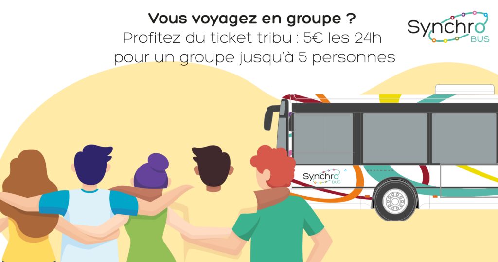 Illustration de 5 personnes devant un bus qui vont profiter du Ticket Tribu