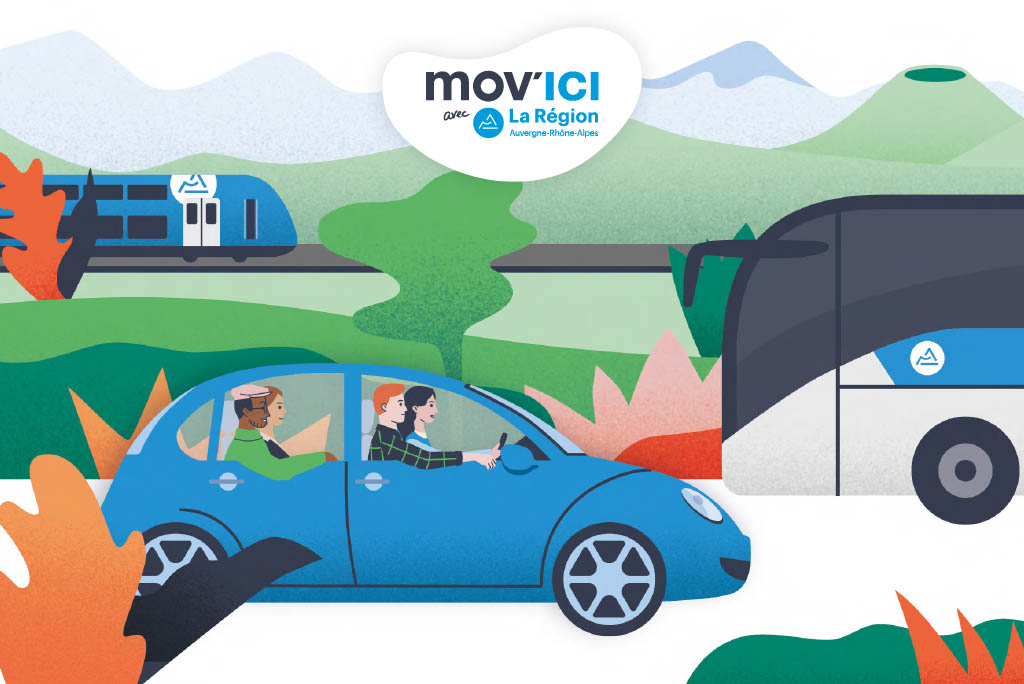 Illustration de Mov'ici, avec le logo de la région Auvergne-Rhônes-Alpes, une voiture avec 4 passager, un car de la Région et un TER sont sur l'illustration