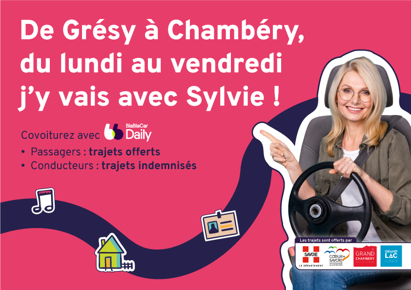 Affiche de présentation du covoiturage blabla car daily mettant en avant un covoiturage potentiel avec Sylvie pour aller de Grésy à Chambéry