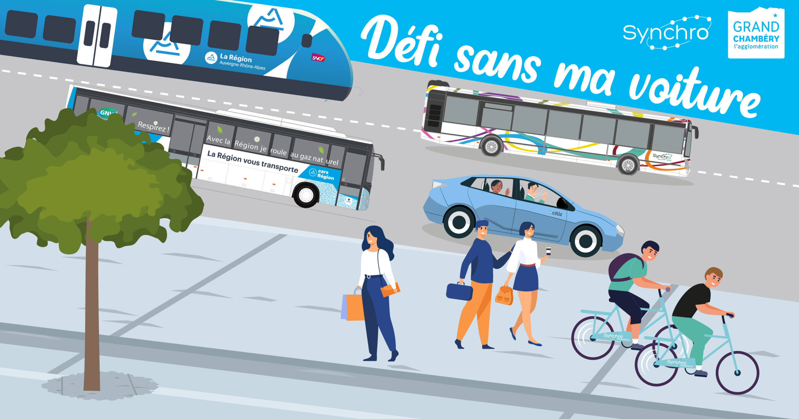 Visuel du Défi sans ma voiture 2024, illustration avec les différents modes de transport de l'agglomération représentés : bus, vélo, marche, ter, citiz, covoiturage, cars région