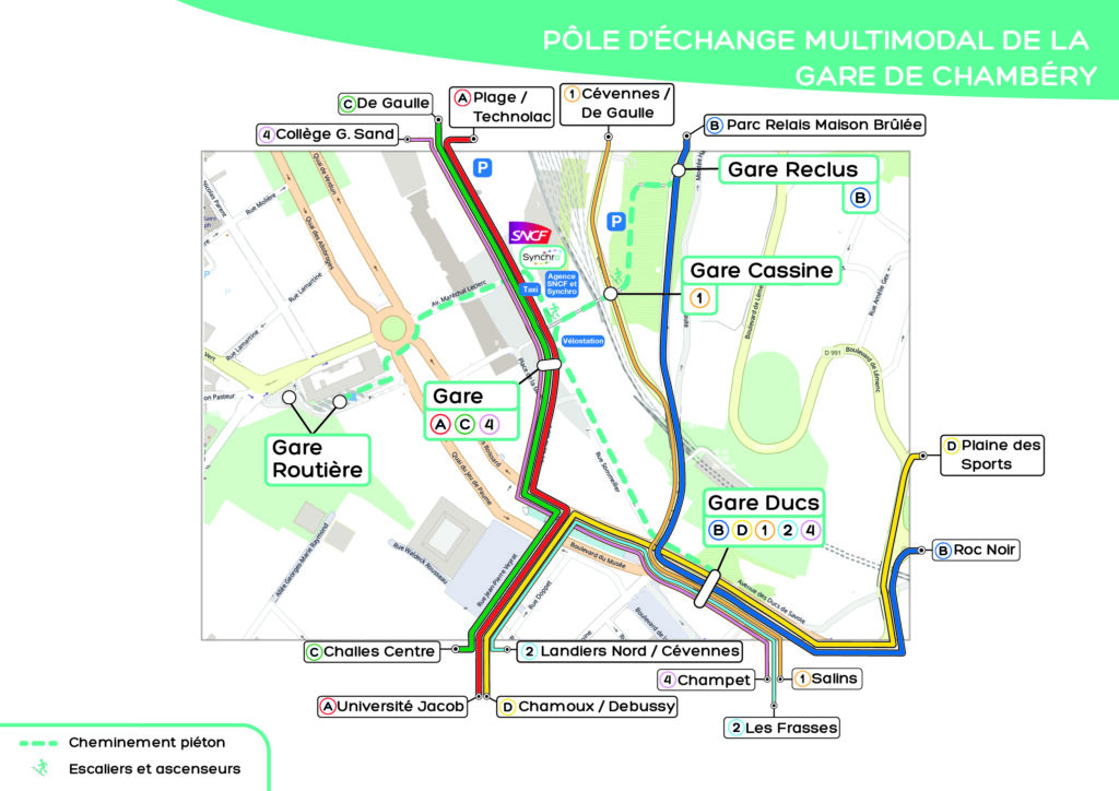 Capture d'écran du plan du réseau montrant le pôle Gare agrandi avec l'arrêt "Ducs" qui se nomme "Gare Ducs"