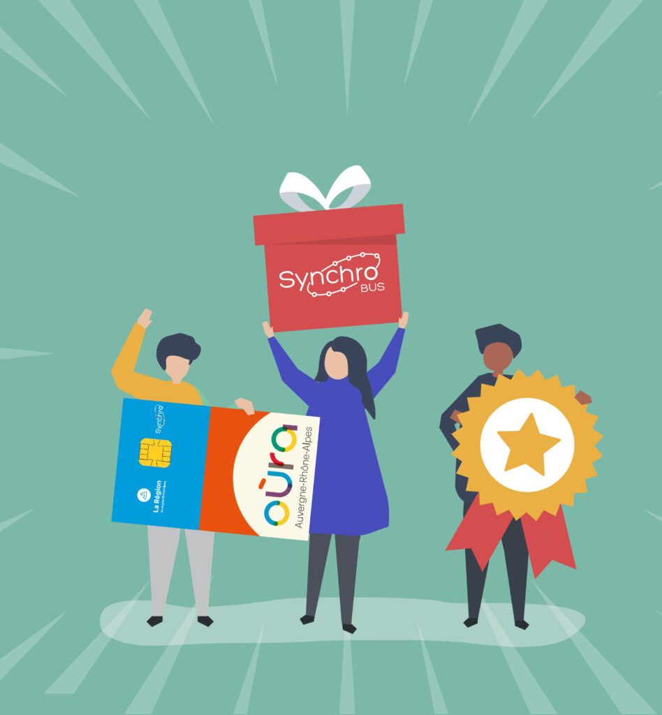 Illustration de personnes tenant une carte Oùra et un cadeau pour le programme de fidélité