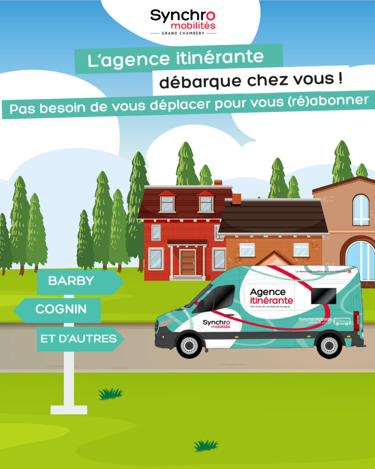 illustration de l'agence itinérante dans les communes avec comme indication "L'agence itinérante débarque chez vous ! Pas besoin de vous déplacer pour vous (ré)abonner"