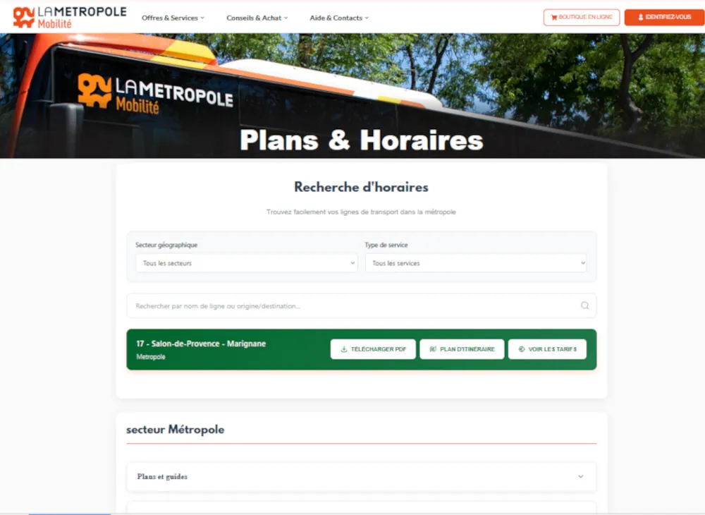 Consulter une fiche horaire dans la page Plan et horaires