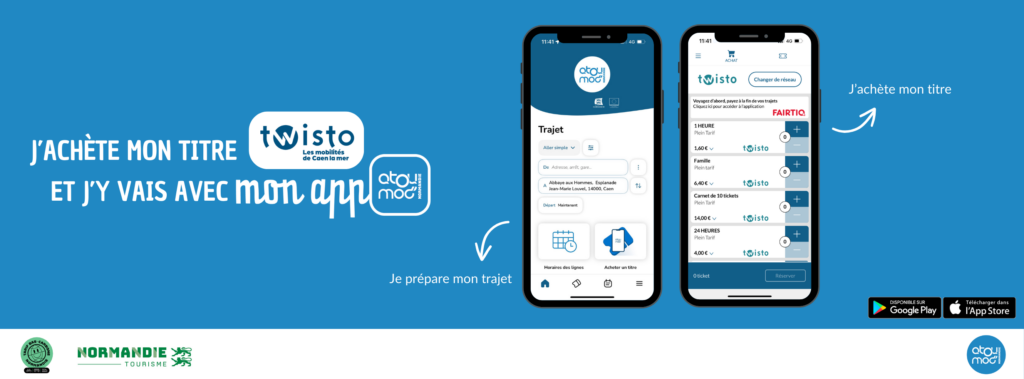 Mise en avant de l'application Atoumod permettant d'effectuer des recherches d'itinéraires et l'achat de titres de transport en Normandie, dont Twisto à Caen