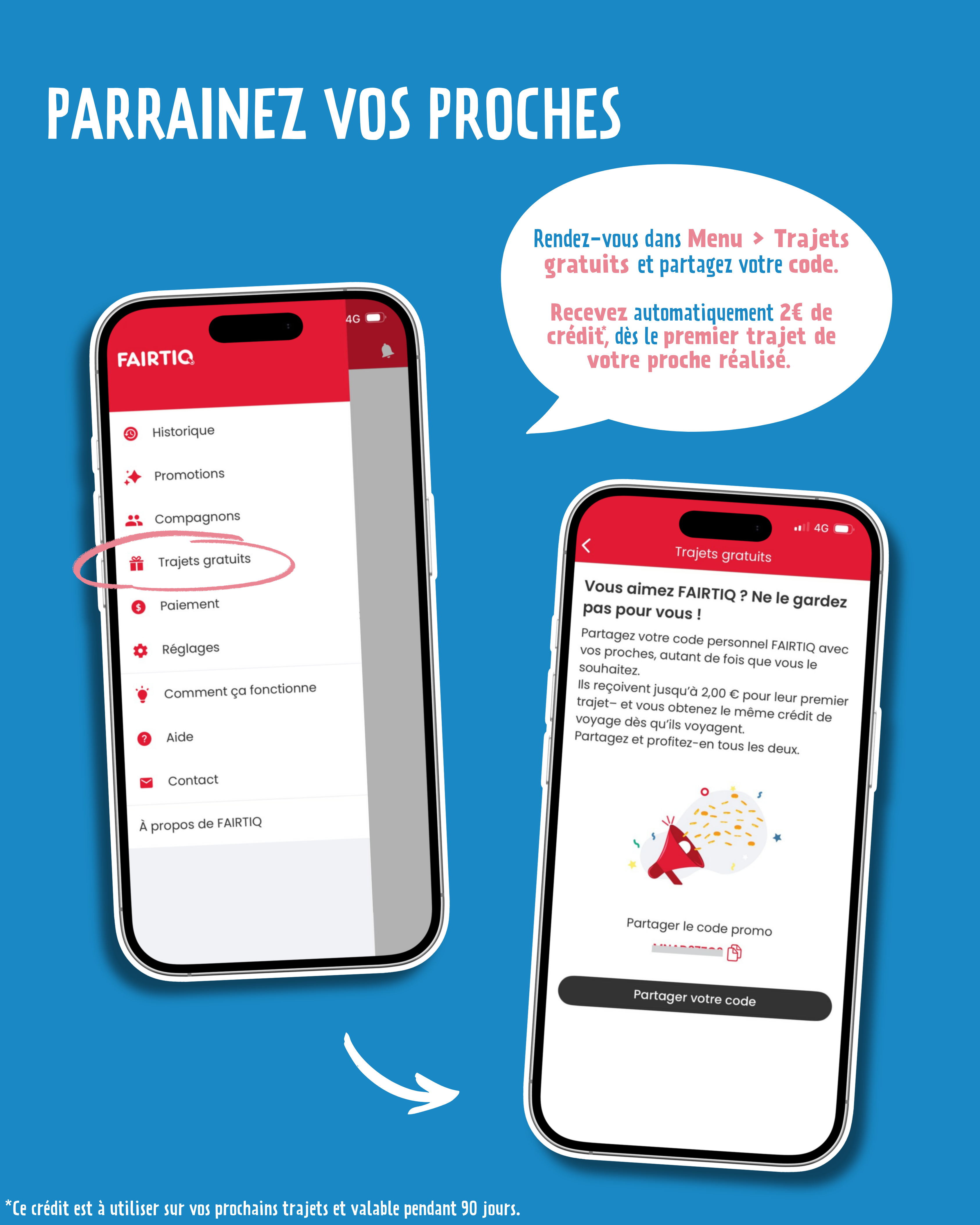 Accéder au code de parrainage FAIRTIQ dans le menu trajets gratuits pour le partager facilement