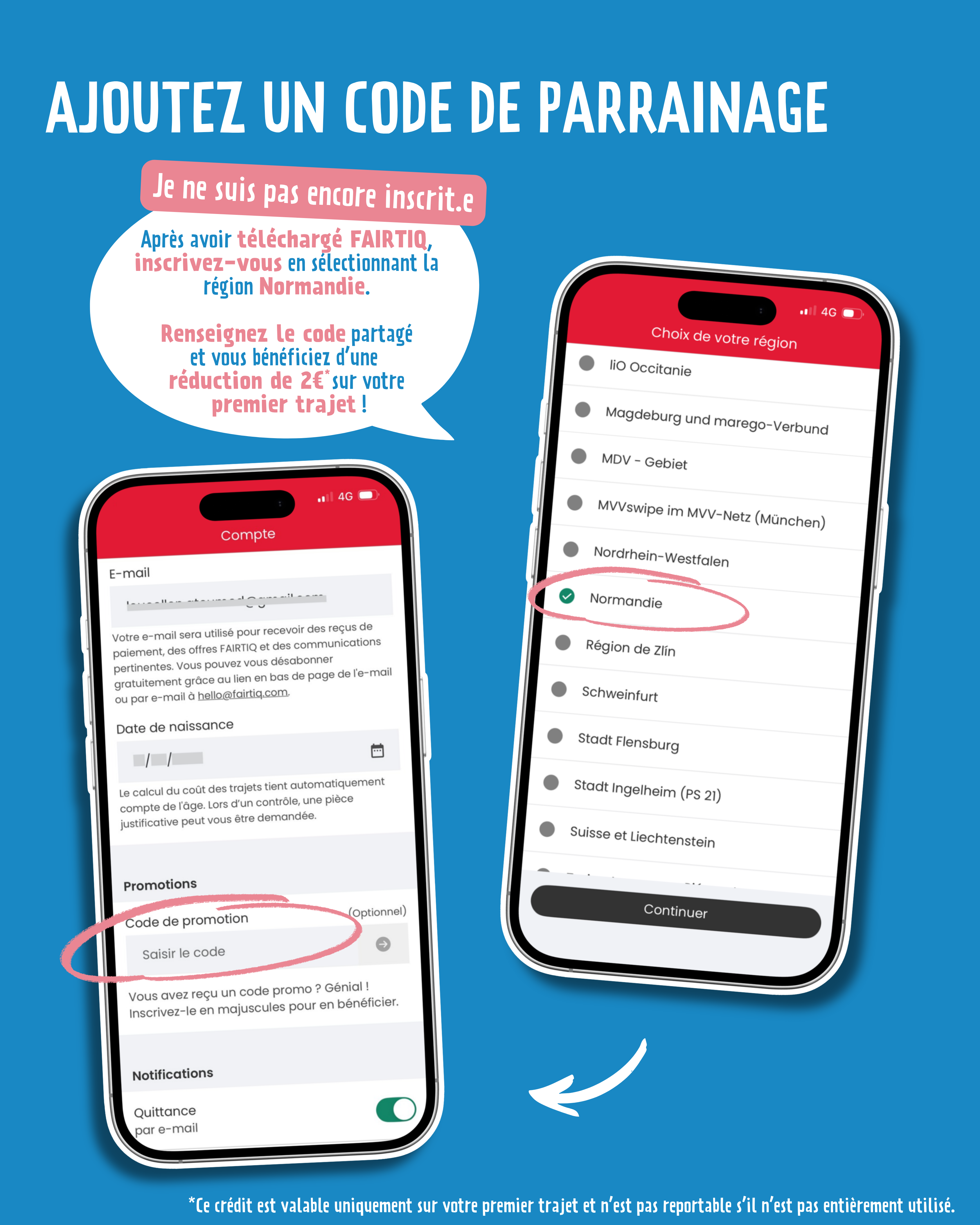 Ajout d’un code de parrainage sur l’application FAIRTIQ pour obtenir 2€ de réduction sur un premier trajet en Normandie