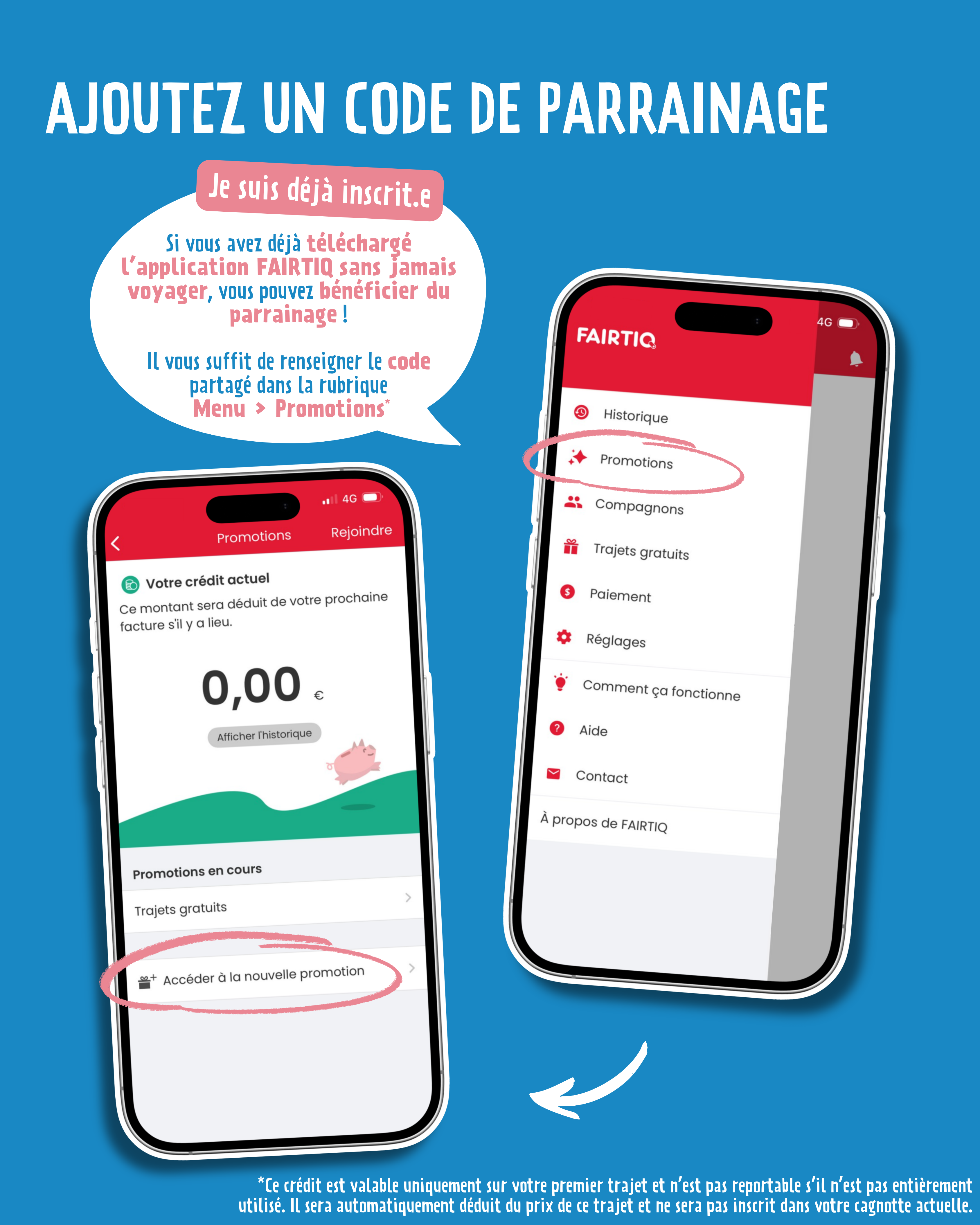 Ajout d’un code de parrainage sur l’application FAIRTIQ pour obtenir 2€ de réduction sur un premier trajet en Normandie, en ayant déjà procédé à son inscription sur FAIRTIQ en Normandie.