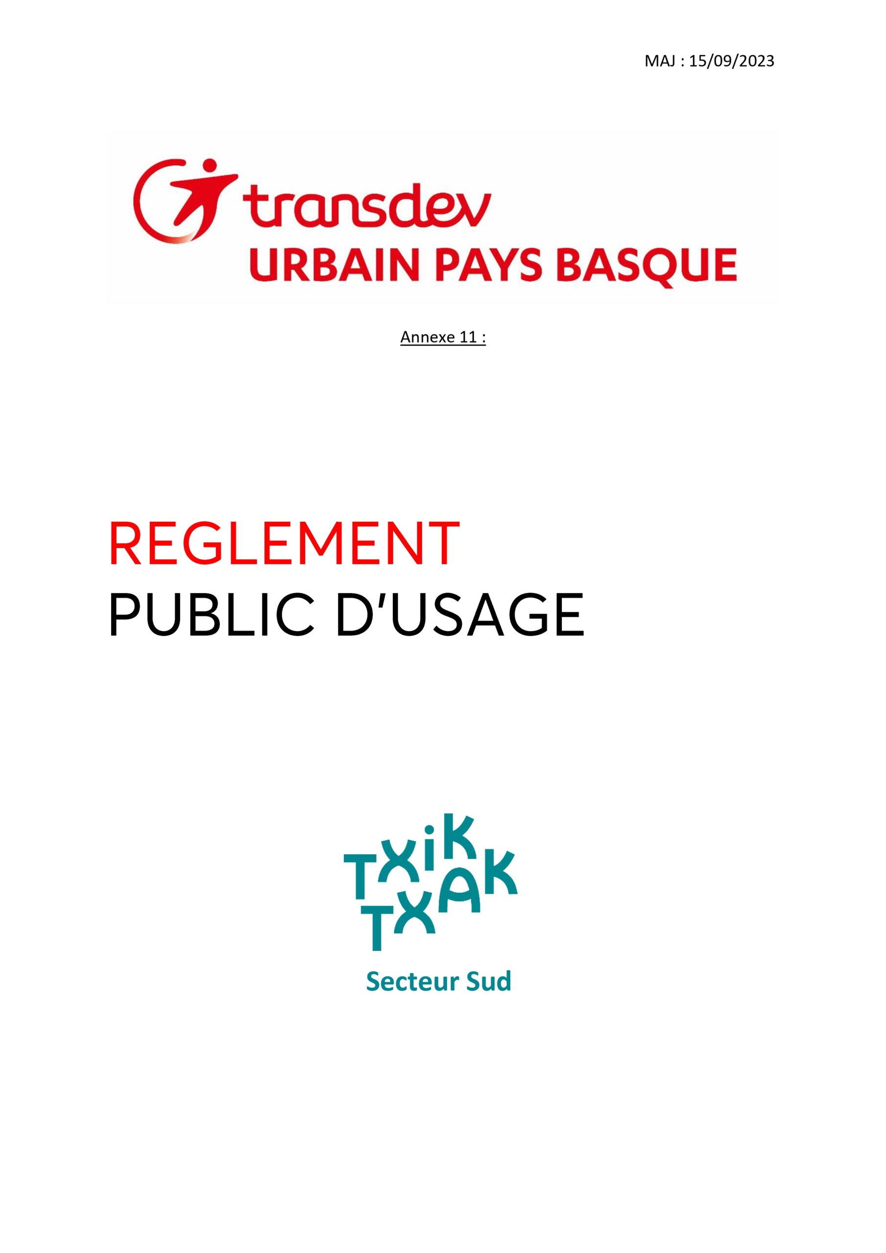 Trandev urbain pays basque annexe 11 Reglement public d'usage Txik txak Secteur sud