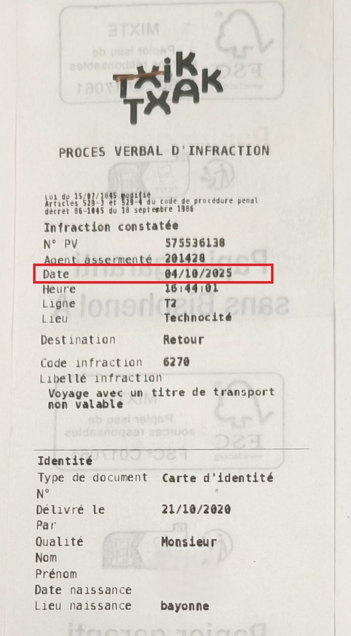 Procès-verbal d'infraction TXIK TXAK avec la date encadrée en rouge