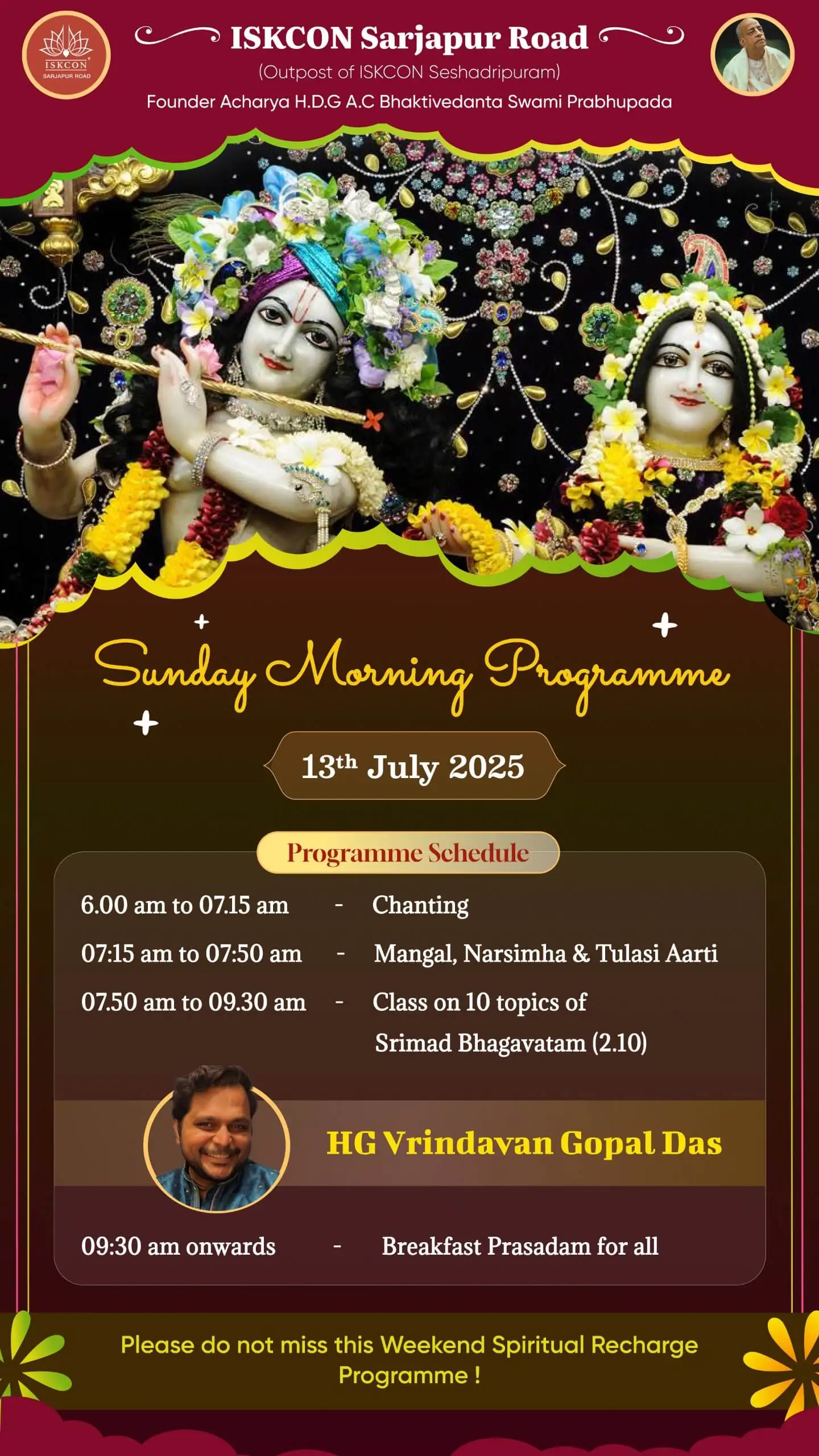 ISKCON Sarjapur Road Sunday Morning Program 13th July 2025