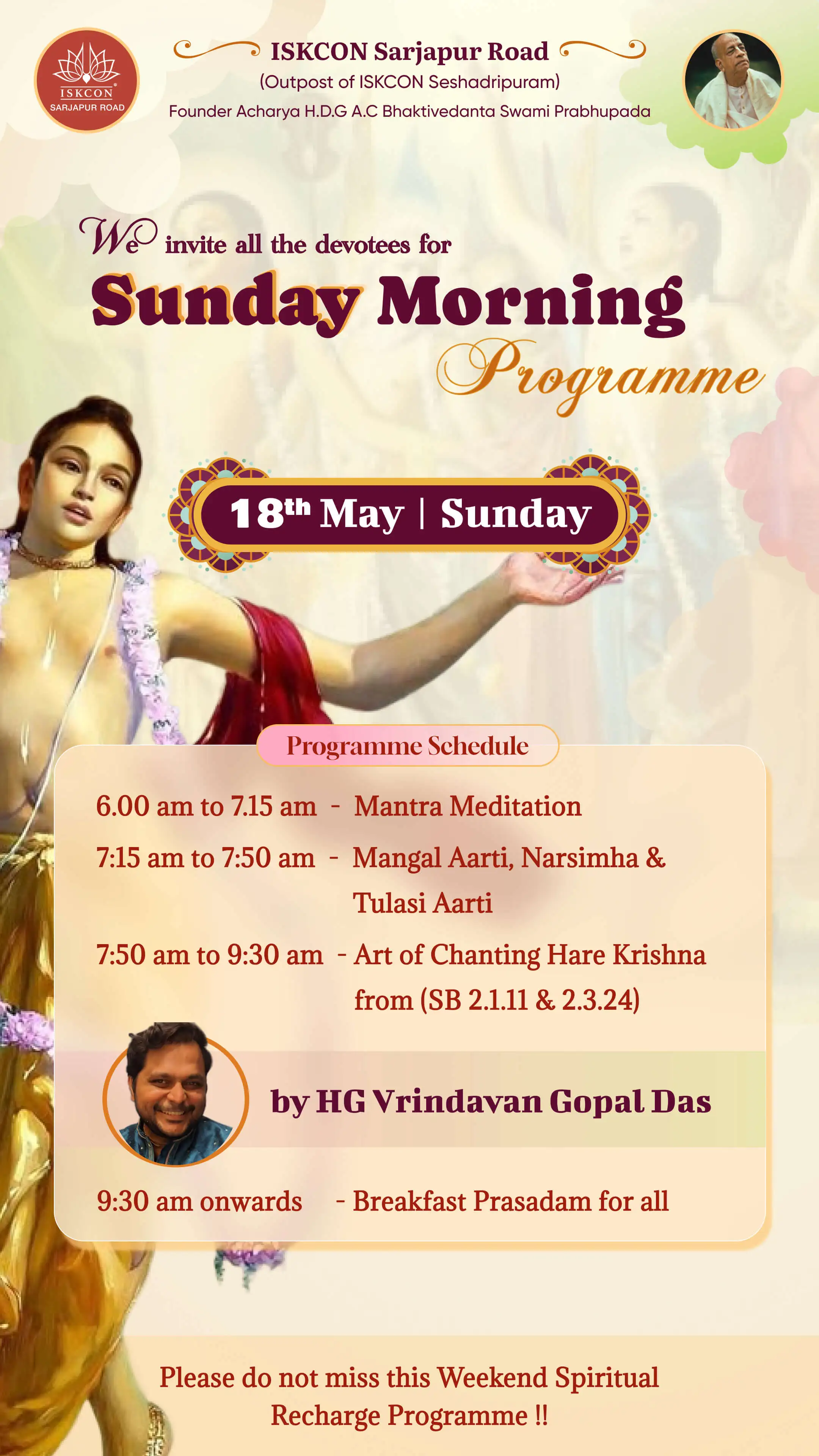 ISKCON Sarjapur Road Sunday Morning Program 18th May 2025