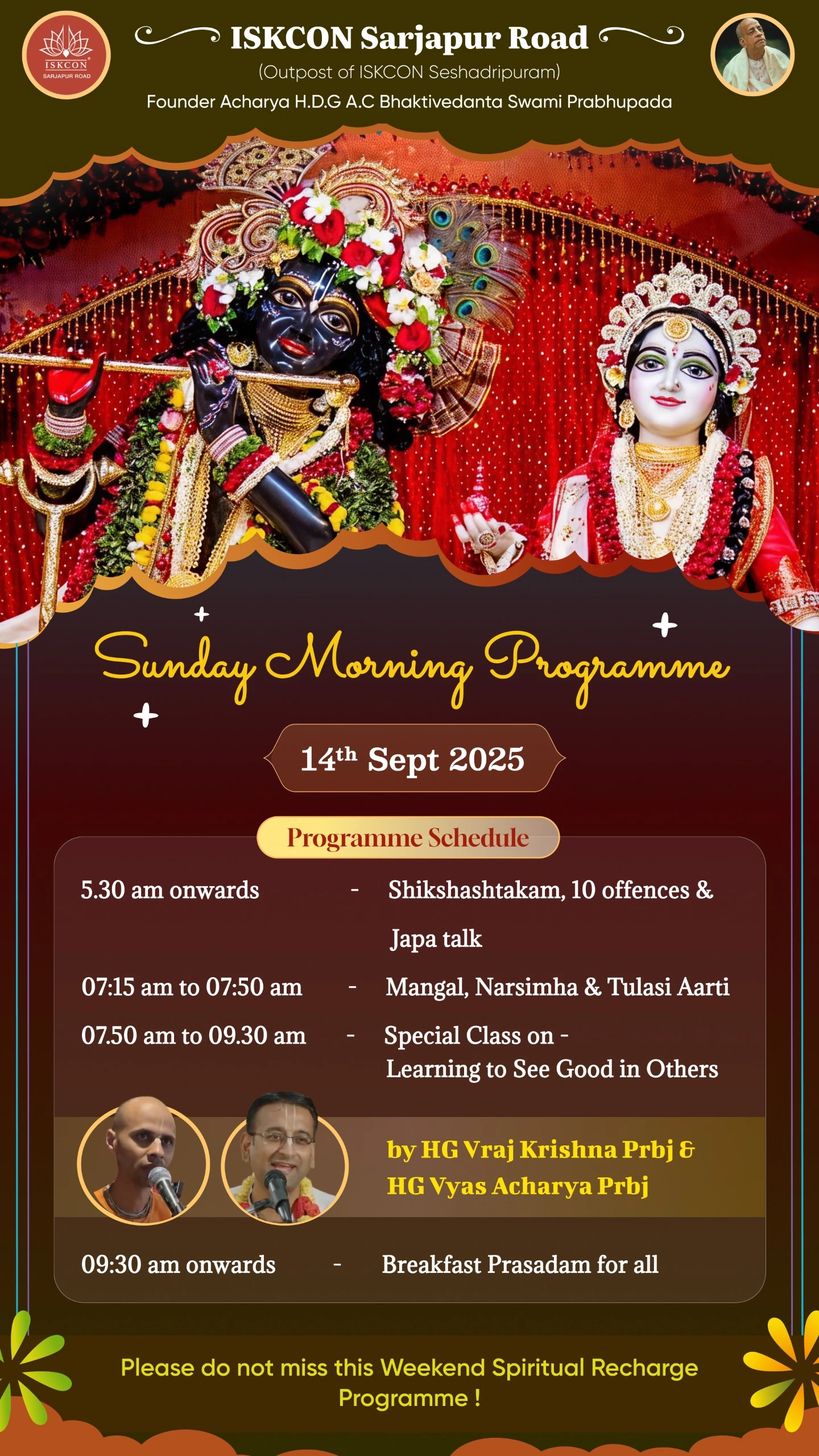ISKCON Sarjapur Road Sunday Morning Program 14th Sep 2025