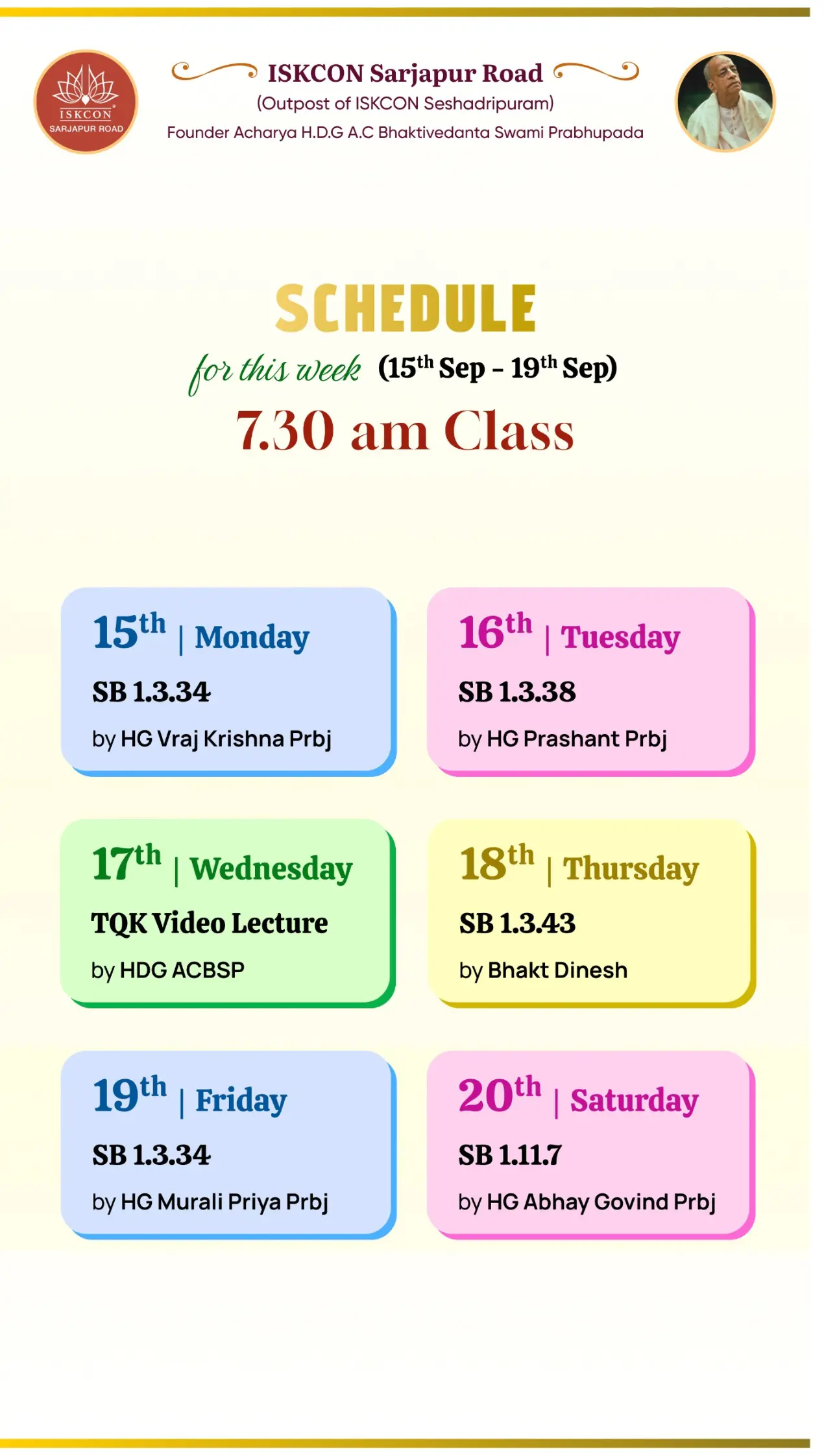 September 3rd week Schedule 2025 ISKCON Sarjapur Road