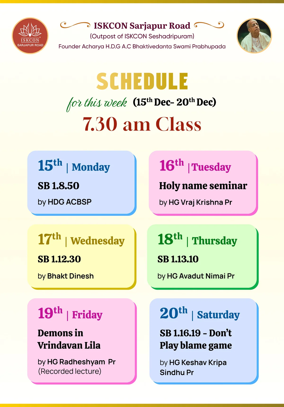 ISKCON Sarjapur Road Weekly Schedule 20th Dec 2025